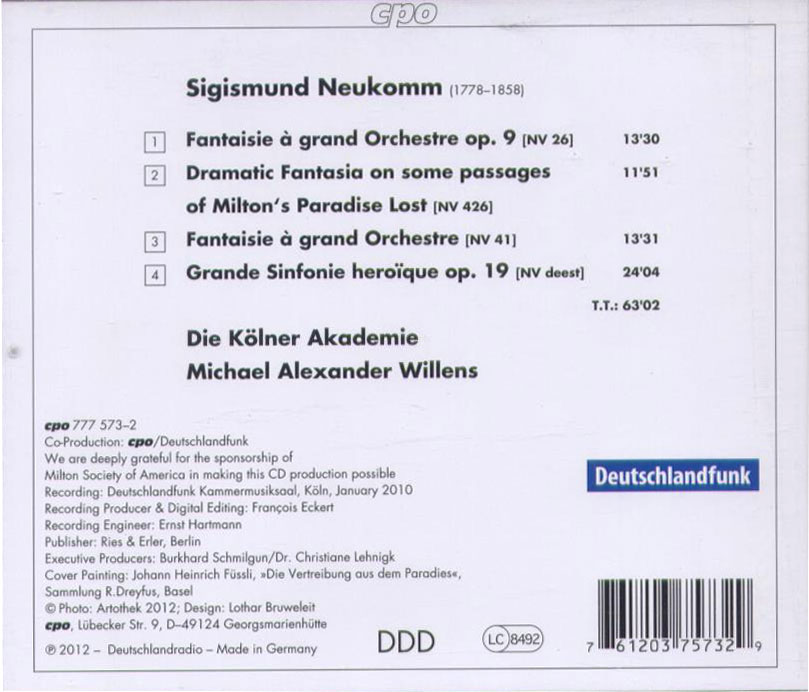 Sigismund von Neukomm: Three Orchestral Fantasies; Sinfonie Heroïque / Willens - Back Cover