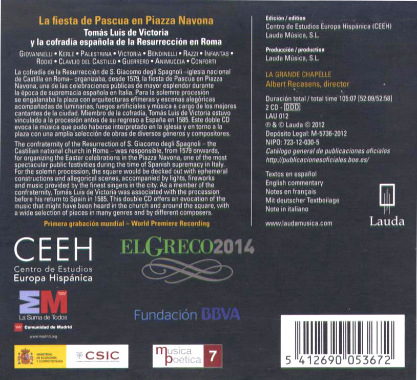 La Fiesta de Pascua en Piazza Navona - works by Victoria, Palestrina, Giovanelli, Bendinelli, Razzi, Asola et al. - Back Cover