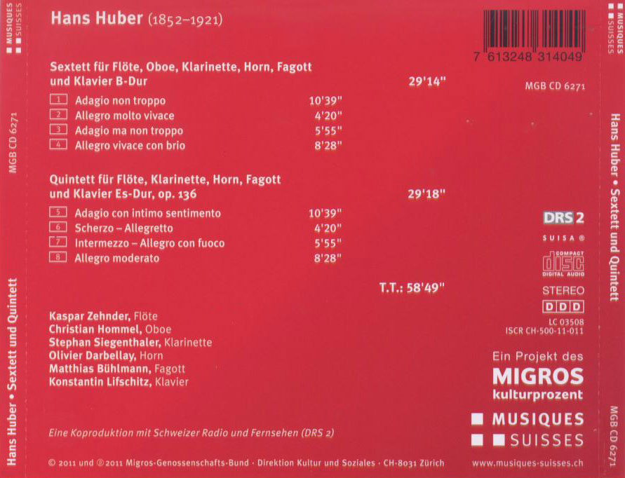 Hans Huber: Quintet and Sextet for Winds and Piano / Zehnder, Hommel, Siegenthaler, Darbellay, Buhlmann, Lifschitz - Back Cover