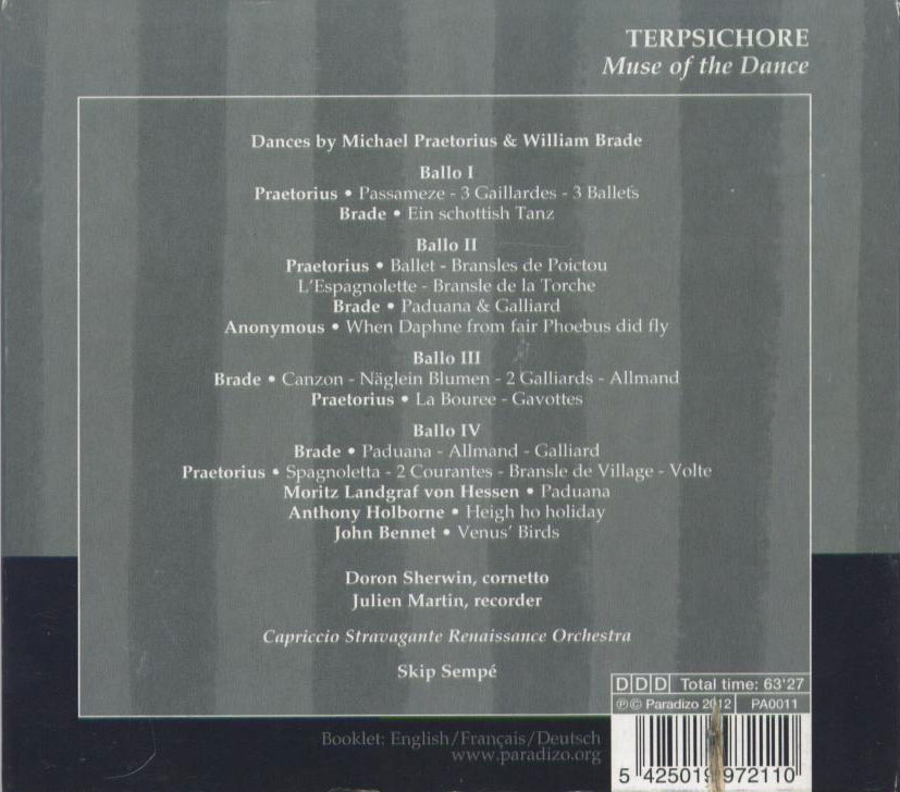 Terpsichore: Muse of the Dance / Praetorius, Brade / Skip Sempe, Capriccio Stravagante Renaissance Orchestra - Back Cover