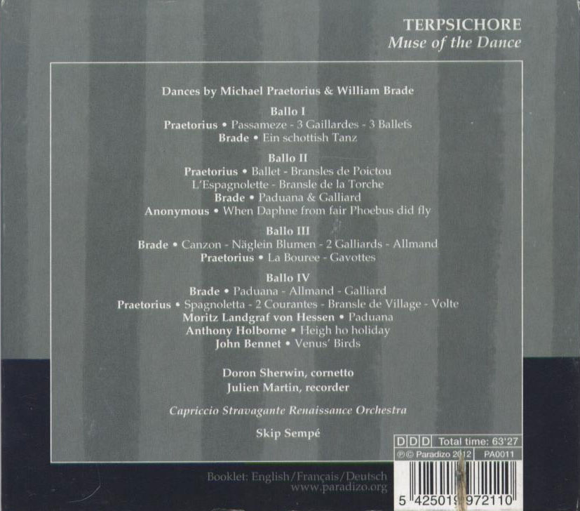 Terpsichore: Muse of the Dance / Praetorius, Brade / Skip Sempe, Capriccio Stravagante Renaissance Orchestra - Back Cover
