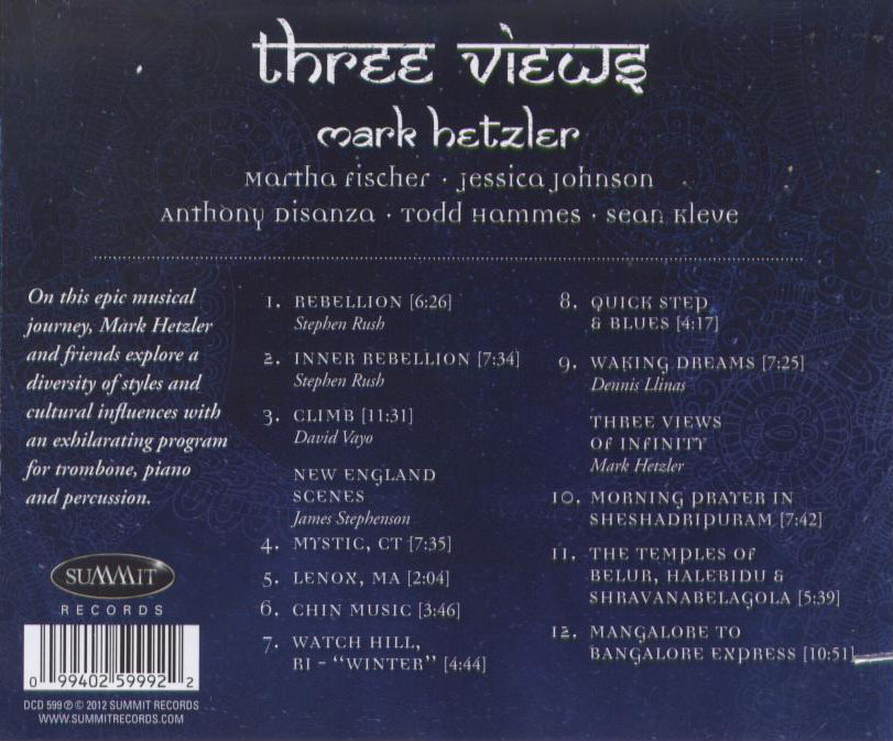 Three Views - Music for trombone, piano & percussion / Mark Hetzler, trombone; Jessica Johnson, piano; Anthony Di Sanza, percussion - Back Cover