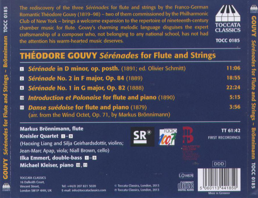 Théodore Gouvy: Serenades for Flute and Strings; Introduction et Polonaise; Danse suedoise / Markus Bronnimann, flute - Back Cover