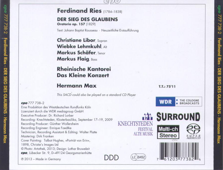 Ferdinand Ries: Der Sieg des Glaubens / Christiane Libor; Wiebke Lehmkuhl, Markus Schaefer, Markus Flaig; Hermann Max, Rheinische Kantorei, Das Kleine Konzert - Back Cover