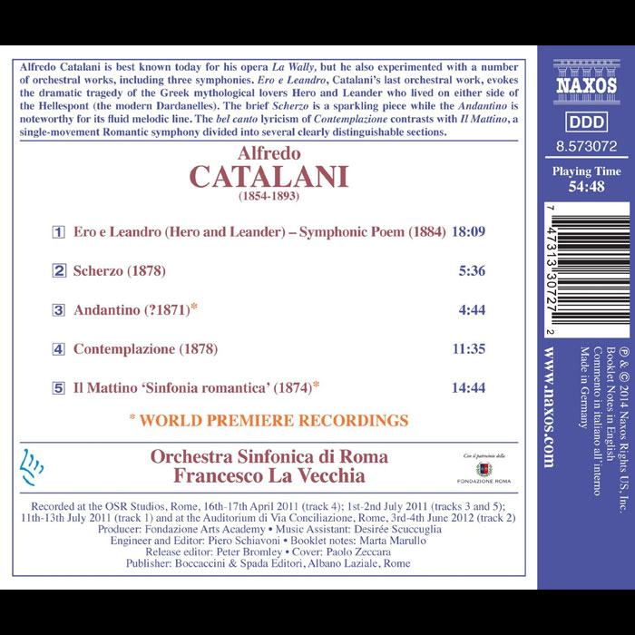 Alfredo Catalani (1854-1893): Ero e Leandro; Contemplazione; Il Mattino / Orch. Sinf di Roma, La Vecchia - Back Cover