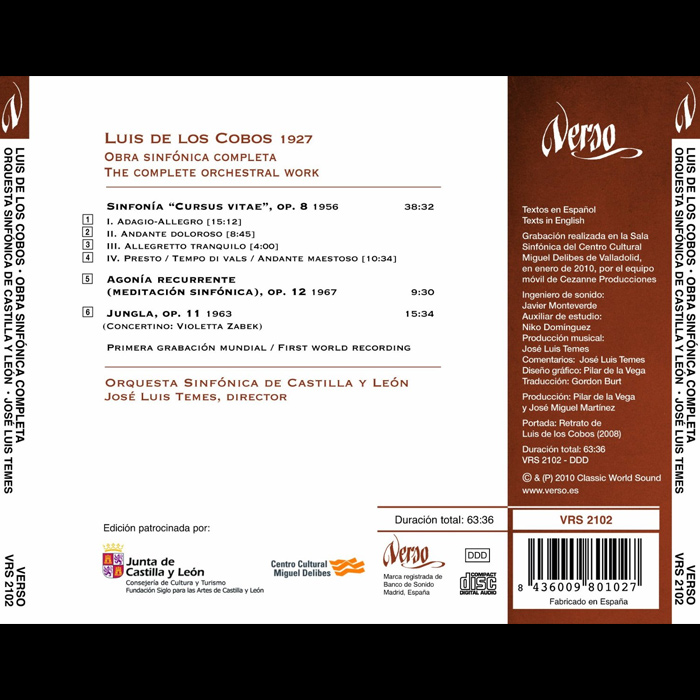 Luis de los Cobos (b.1927): The Symphonic Works - Sinfonia, Op. 8; Agonia Recurrente, Op. 12; Jungla, Op. 11 / Temes - back cover