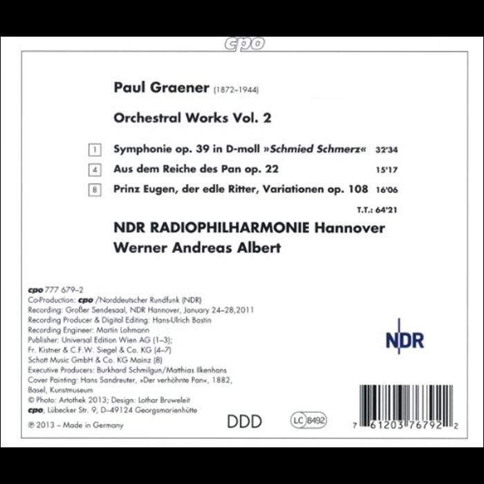 Paul Graener (1872-1944): Orchestral Works, Vol. 2 - Aus dem Reiche des Pan; Symphony Op. 39; Prinz Eugen - Back Cover