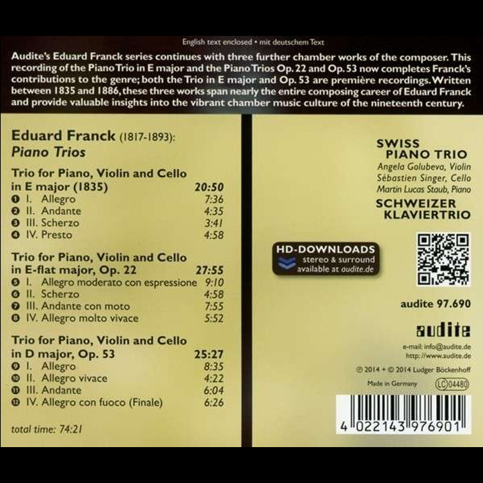 Eduard Franck (1817-1893): Piano Trios / Schweizer Piano Trio - back Cover - Audite 97690
