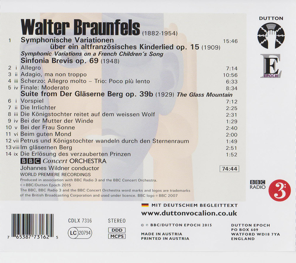 Walter Braunfels (1882-1954): Symphonic Variations on a French Children's Song; Suite from Der Gläserne Berg; Sinfonia Brevis back cover