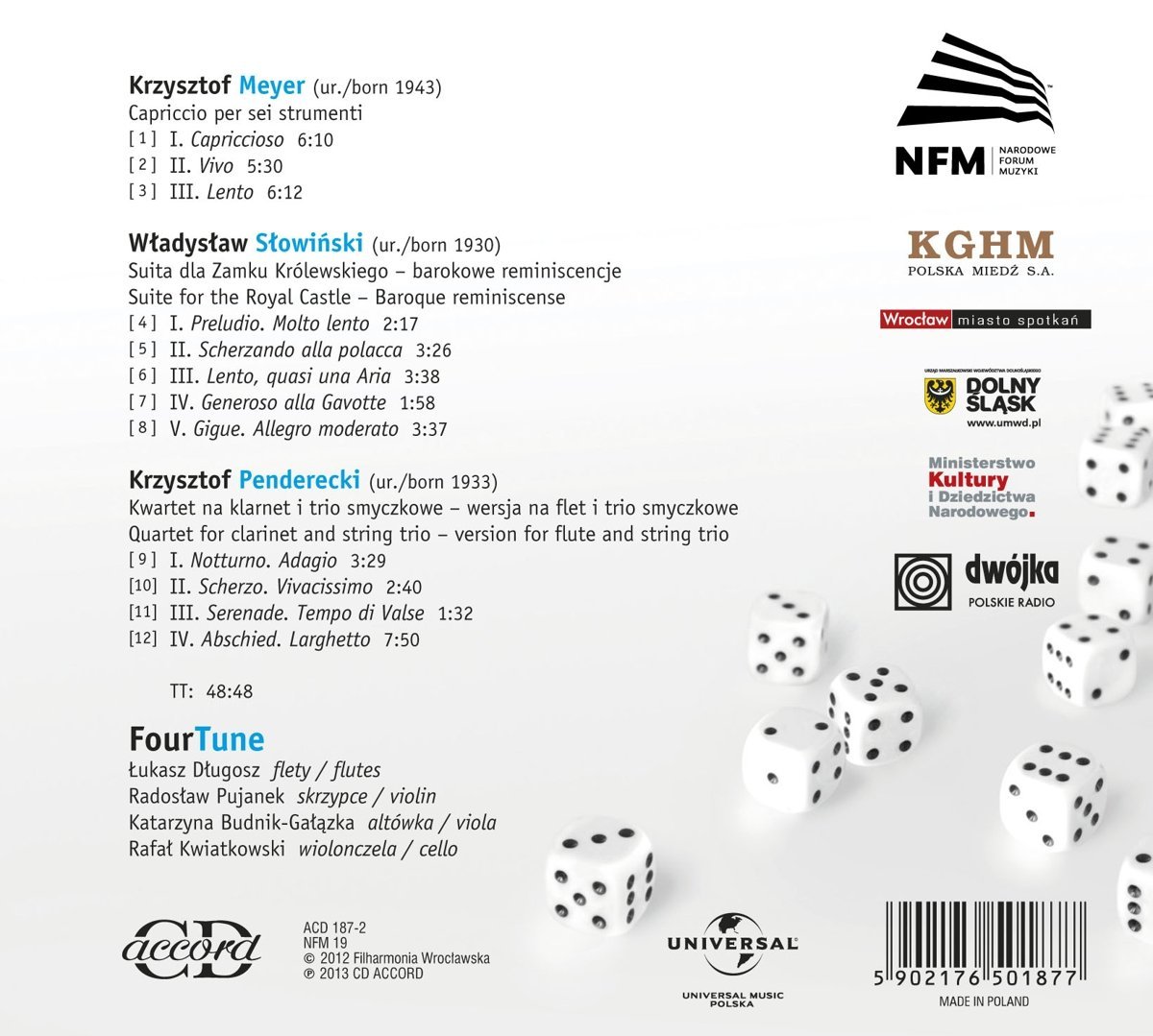 Fourtune: Polish Flute Quartets - by K. Meyer; Slowinski; Penderecki / Lukasz Dlugosz, flutes; Radosllw Pujanek, violin; Budnik-Galazka; Kwiatkowski back cover